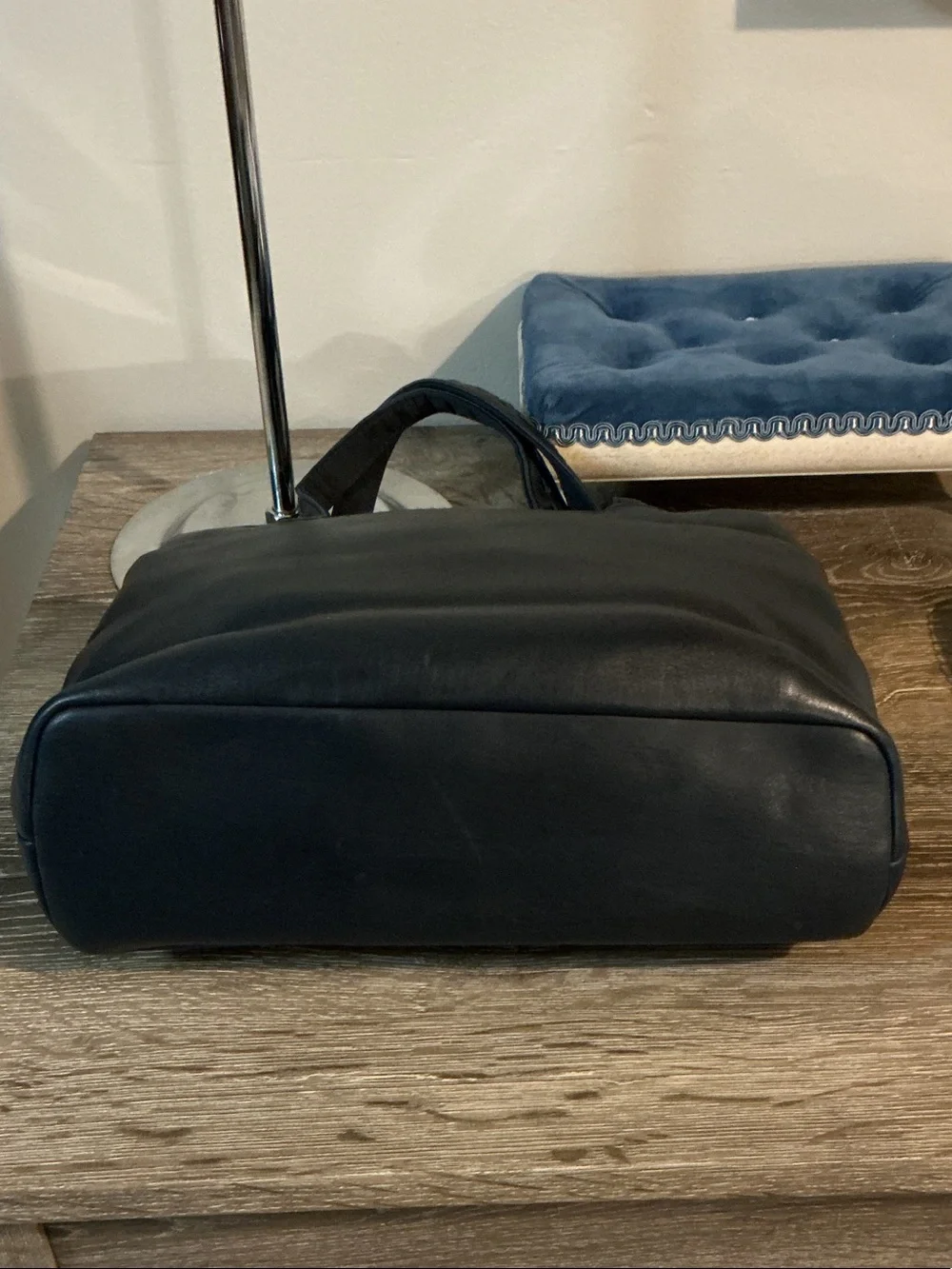 Liz Claiborne Vintage Navy Vinyl with Leather Trim Tote Satchel Gold Plaque